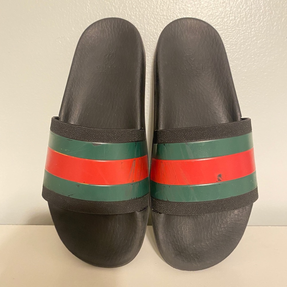 Gucci Black Slides with Green and Red Stripe